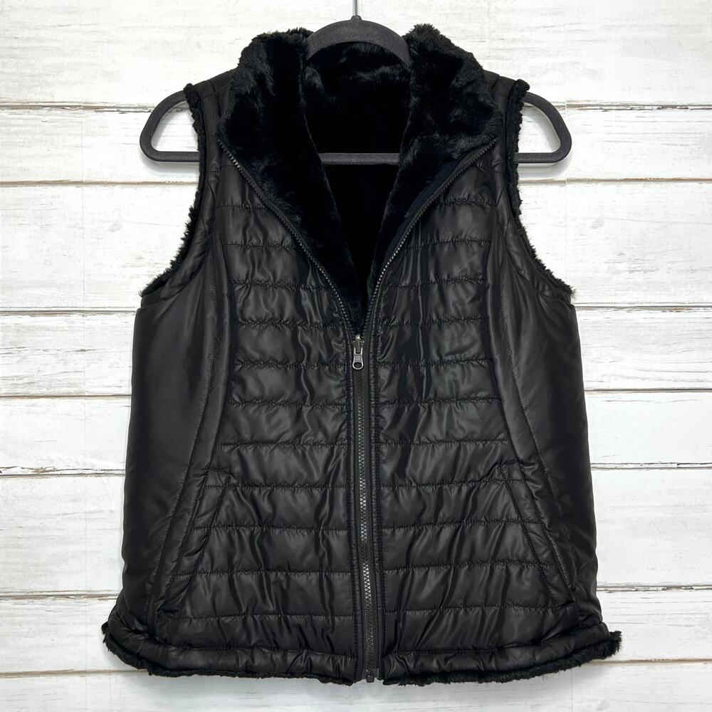 Nicole Miller Reversible Quilted Vest Black Faux Fur Lined Zip Front Medium